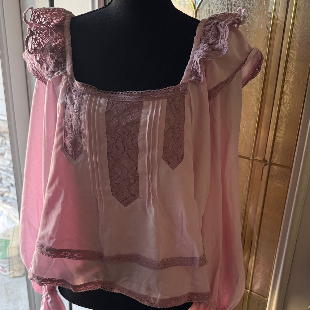 Free People Dusty Pink Lace-Trim Peasant Blouse